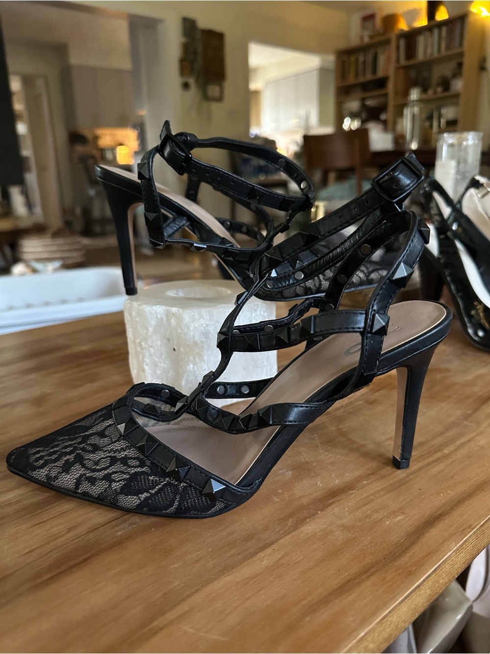 Mix No. 6 Black Lace Pointed Studded Strappy Heels. Size 7.5 used